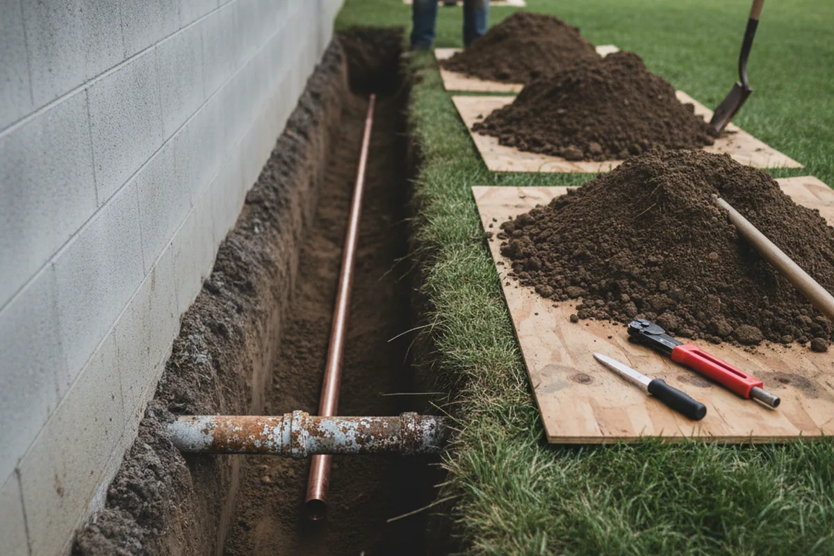 Excavated water line trench during Sewer Line Repair in Boyds